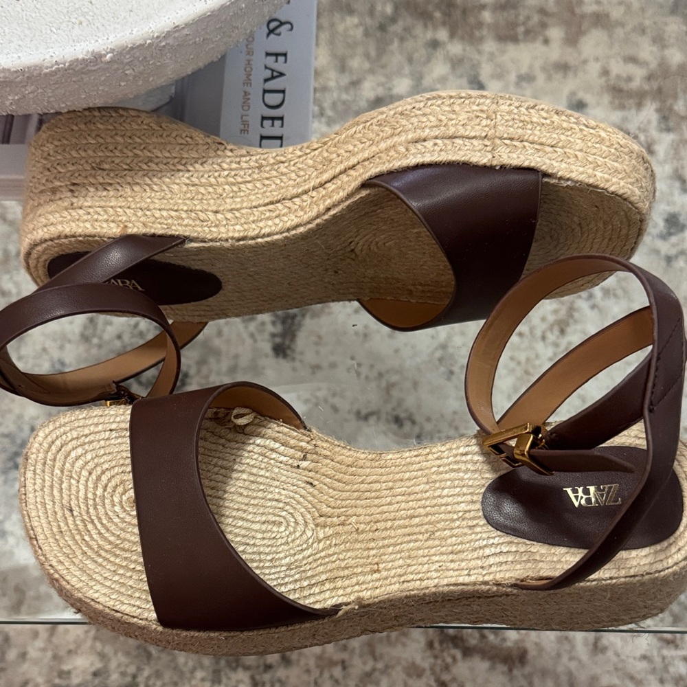Zara Brown Espadrille Platform Sandals with Ankle Strap
